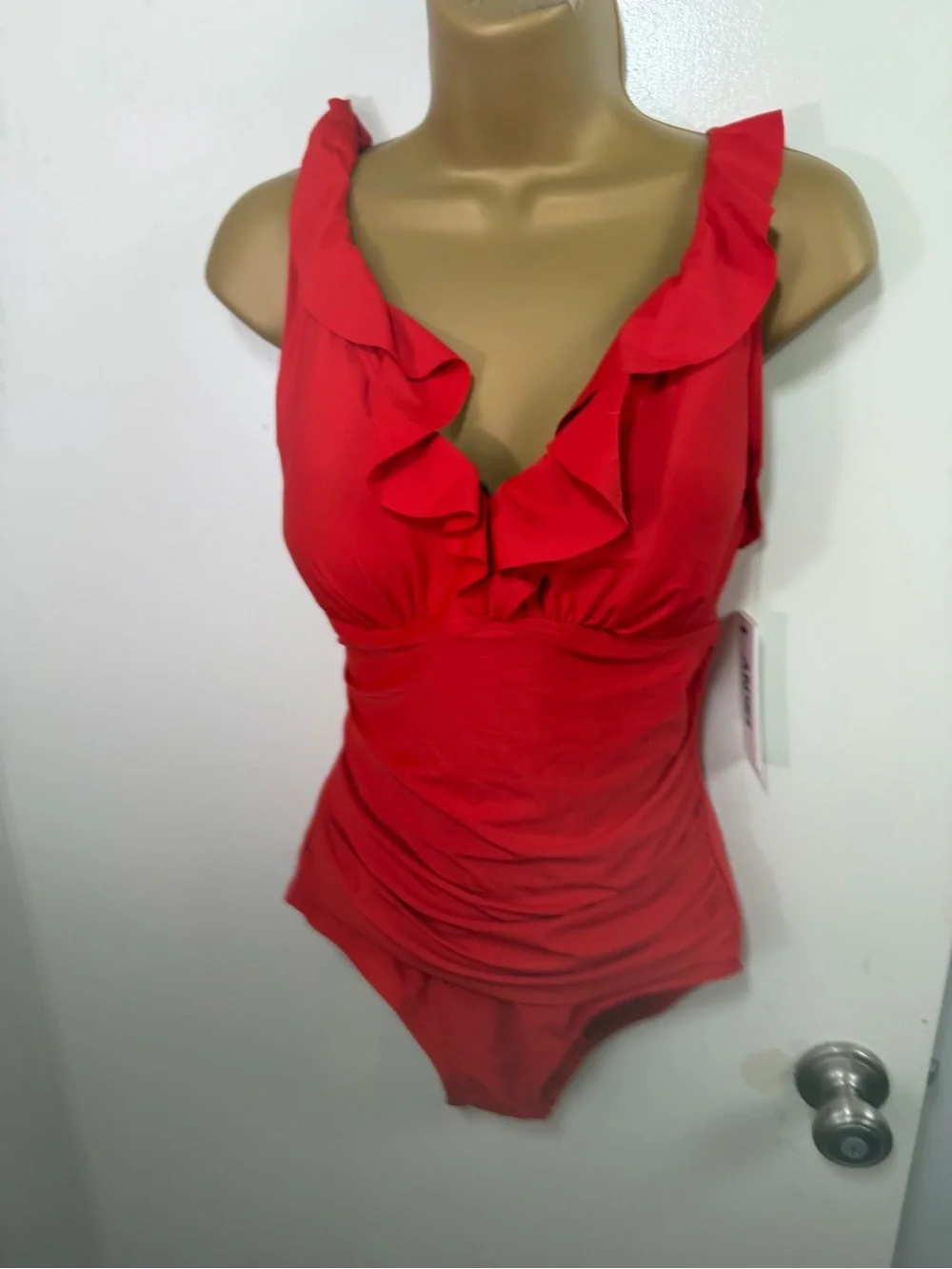 DKNY Red Ruffle Plunge Soft Cups Slimming Tummy Control One Piece Swimsuit NWT M - Picture 3 of 16